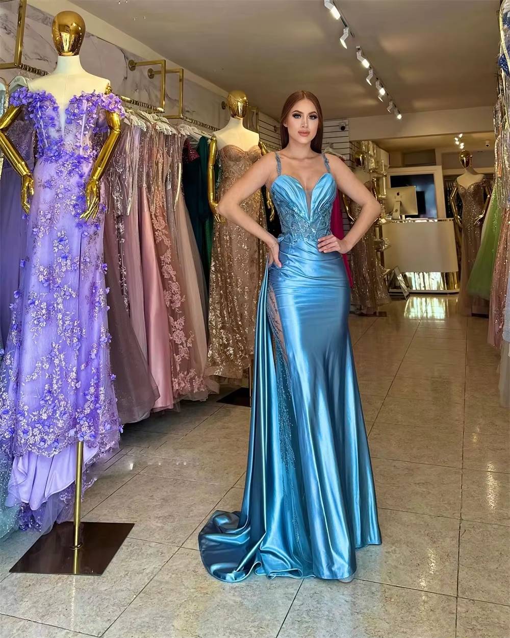 Elegant Spaghetti Strap V-neck Satin Wedding Party Maxi Dress