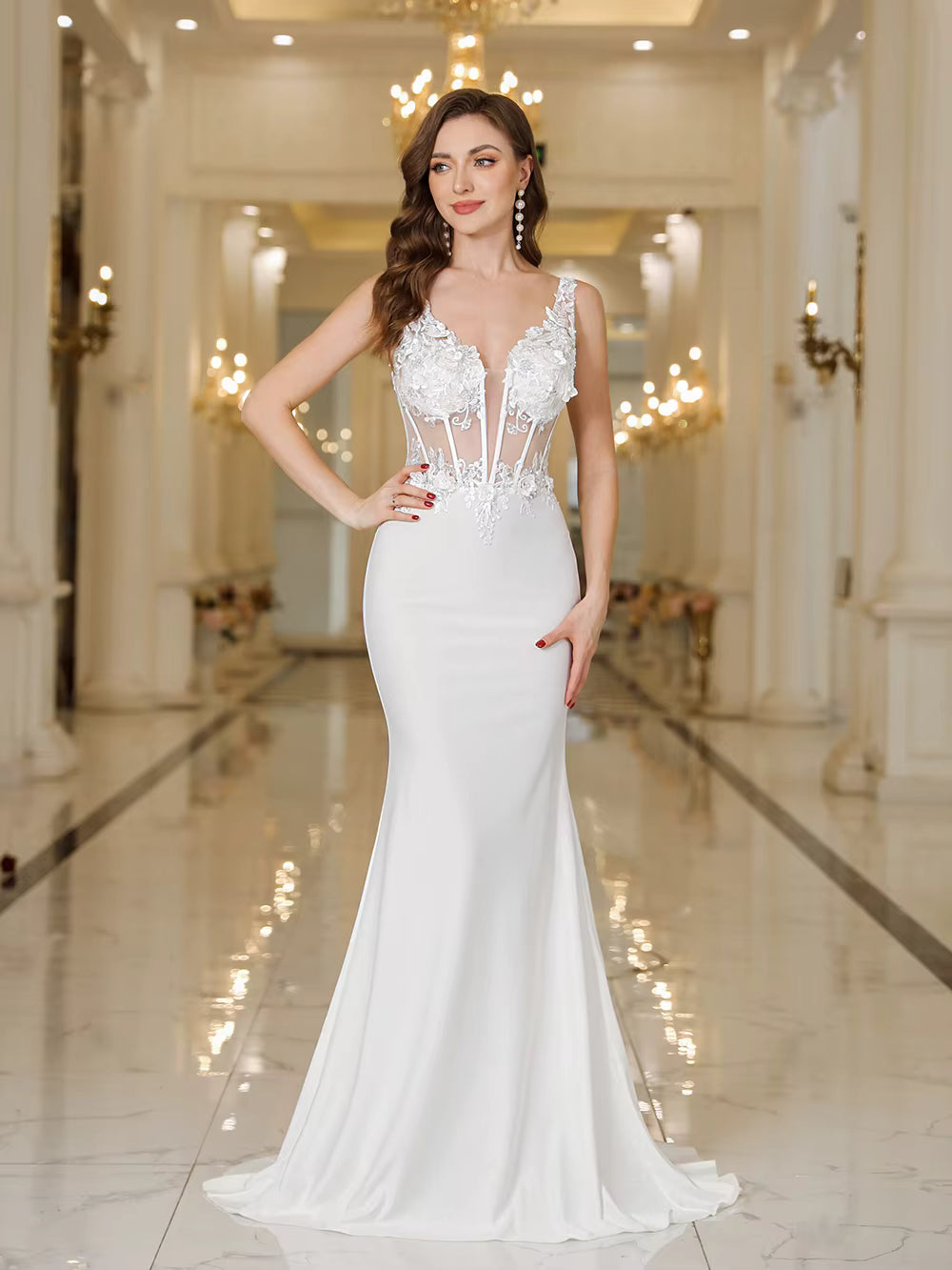 Casual  A Line Beaded Appliques Floor-Length Illusion Prom Maxi Dresses