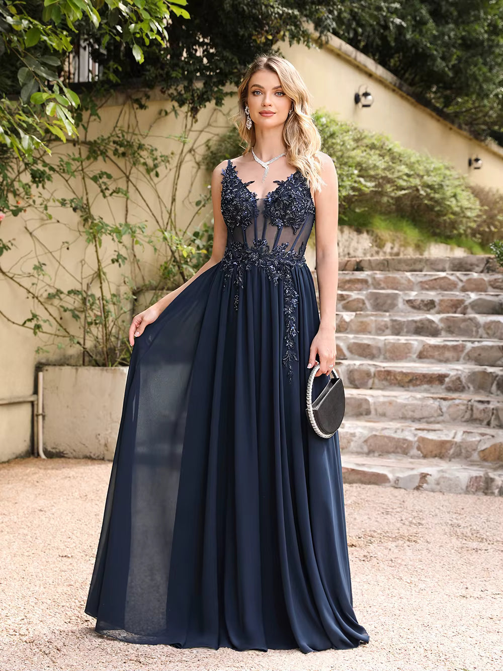 Elegant Spaghetti Straps A Line Beaded Appliques Illusion Prom Maxi Dresses