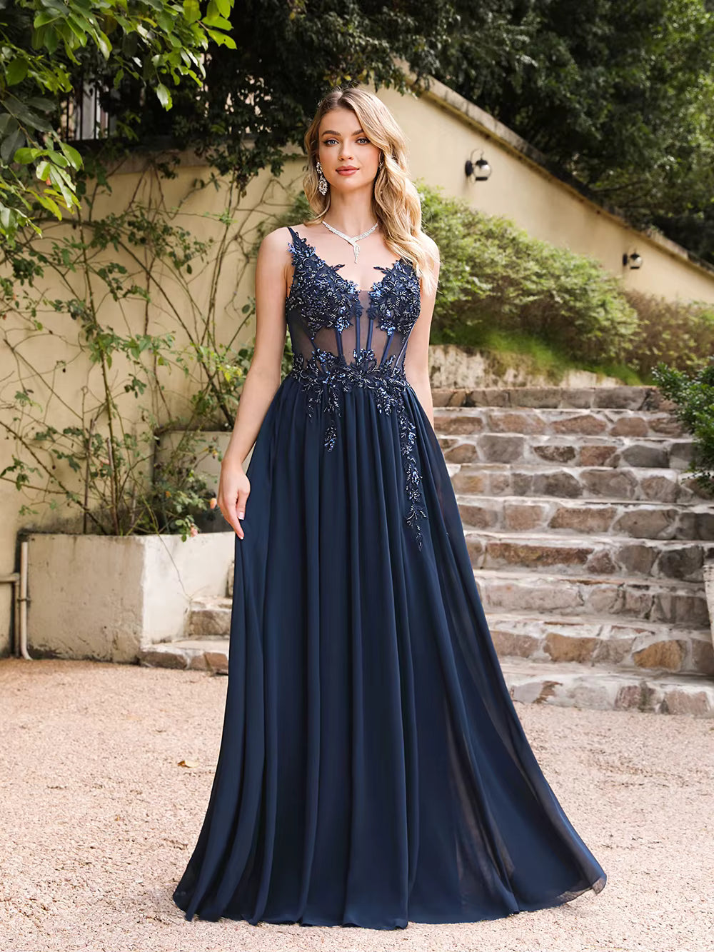 Elegant Spaghetti Straps A Line Beaded Appliques Illusion Prom Maxi Dresses