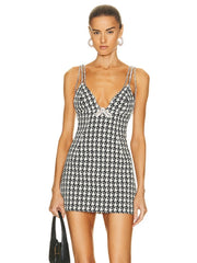 Elegant Spaghetti Straps Bow Tie Bird Lattice Crystal Chain Sleeveless Club Party Bodycon Bandage Mini Dress