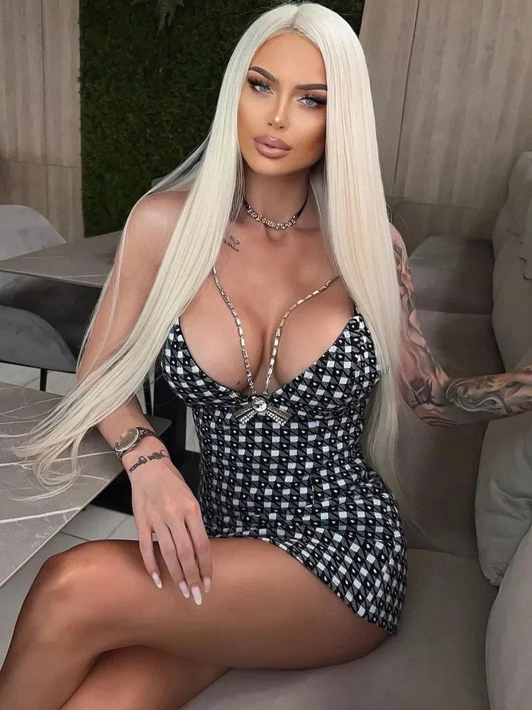 Elegant Spaghetti Straps Bow Tie Bird Lattice Crystal Chain Sleeveless Club Party Bodycon Bandage Mini Dress
