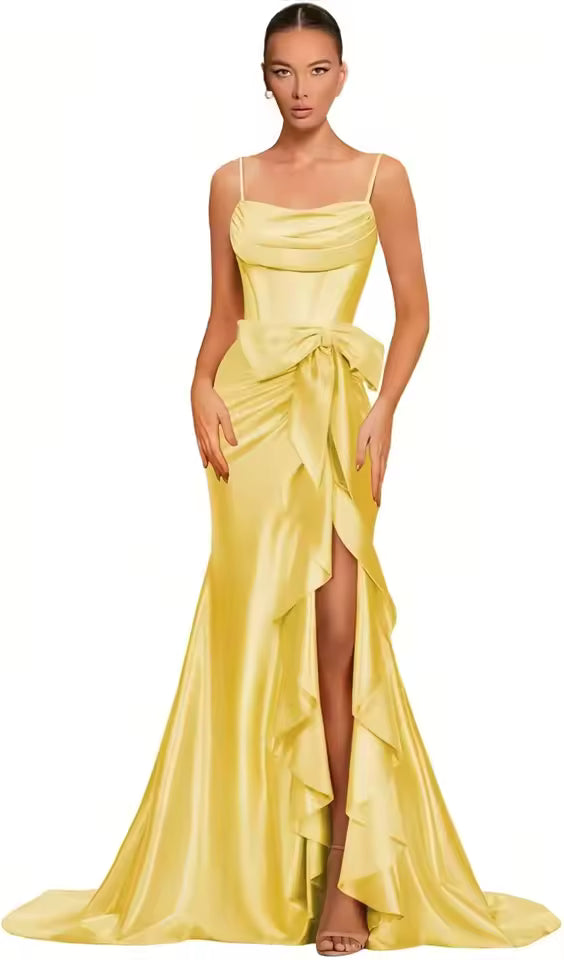 Elegant Spaghetti Straps Satin off Shoulder Backless Cocktail Prom Maxi Dresses