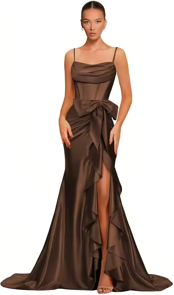 Elegant Spaghetti Straps Satin off Shoulder Backless Cocktail Prom Maxi Dresses
