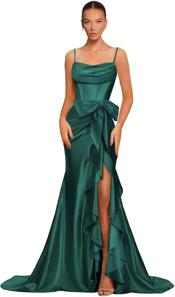 Elegant Spaghetti Straps Satin off Shoulder Backless Cocktail Prom Maxi Dresses