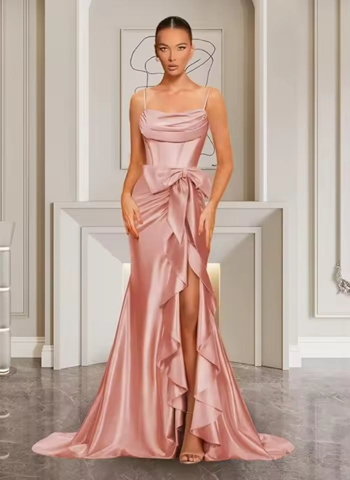 Elegant Spaghetti Straps Satin off Shoulder Backless Cocktail Prom Maxi Dresses