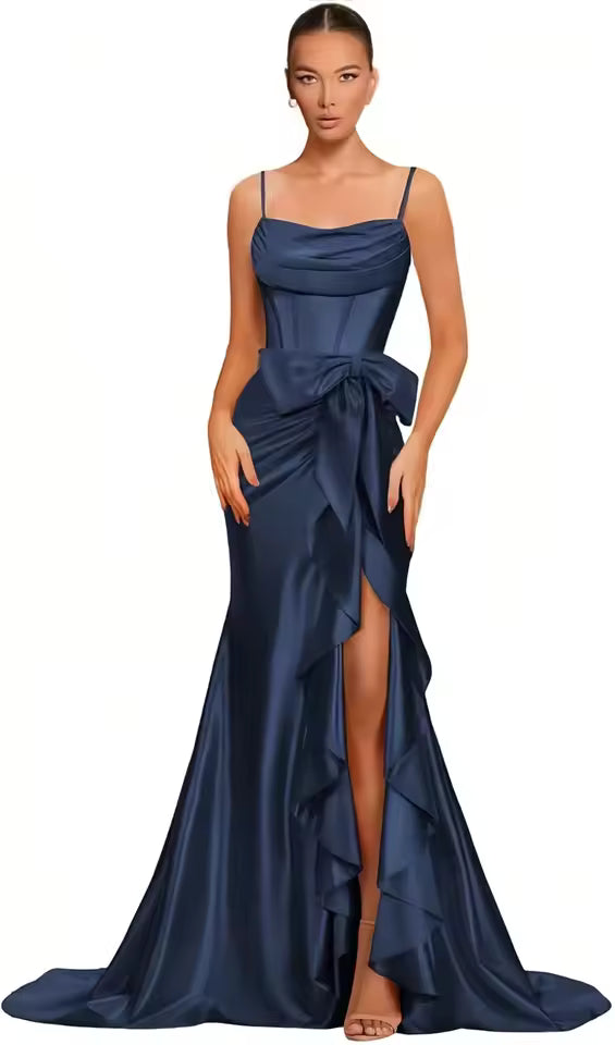 Elegant Spaghetti Straps Satin off Shoulder Backless Cocktail Prom Maxi Dresses