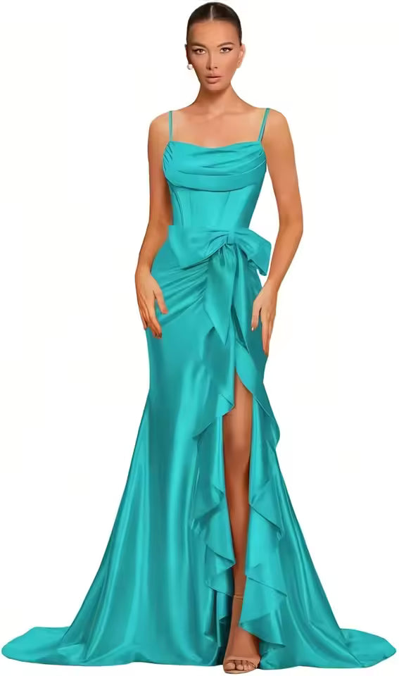 Elegant Spaghetti Straps Satin off Shoulder Backless Cocktail Prom Maxi Dresses
