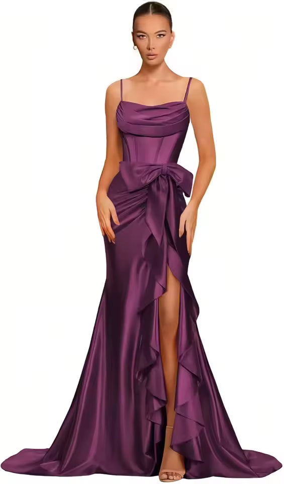 Elegant Spaghetti Straps Satin off Shoulder Backless Cocktail Prom Maxi Dresses
