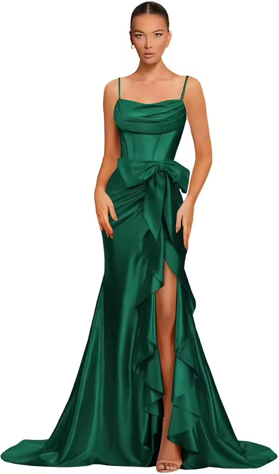 Elegant Spaghetti Straps Satin off Shoulder Backless Cocktail Prom Maxi Dresses