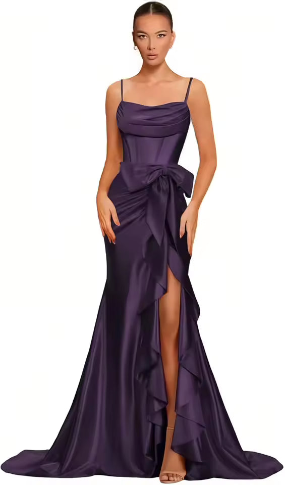 Elegant Spaghetti Straps Satin off Shoulder Backless Cocktail Prom Maxi Dresses