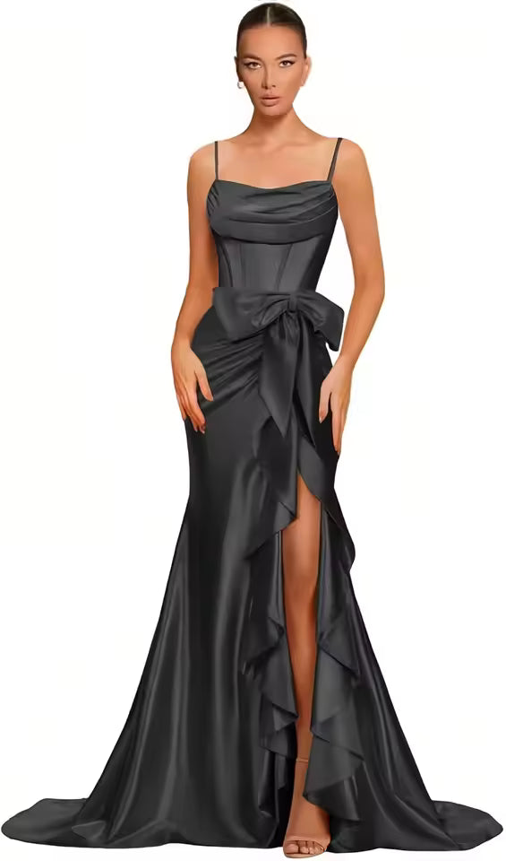 Elegant Spaghetti Straps Satin off Shoulder Backless Cocktail Prom Maxi Dresses