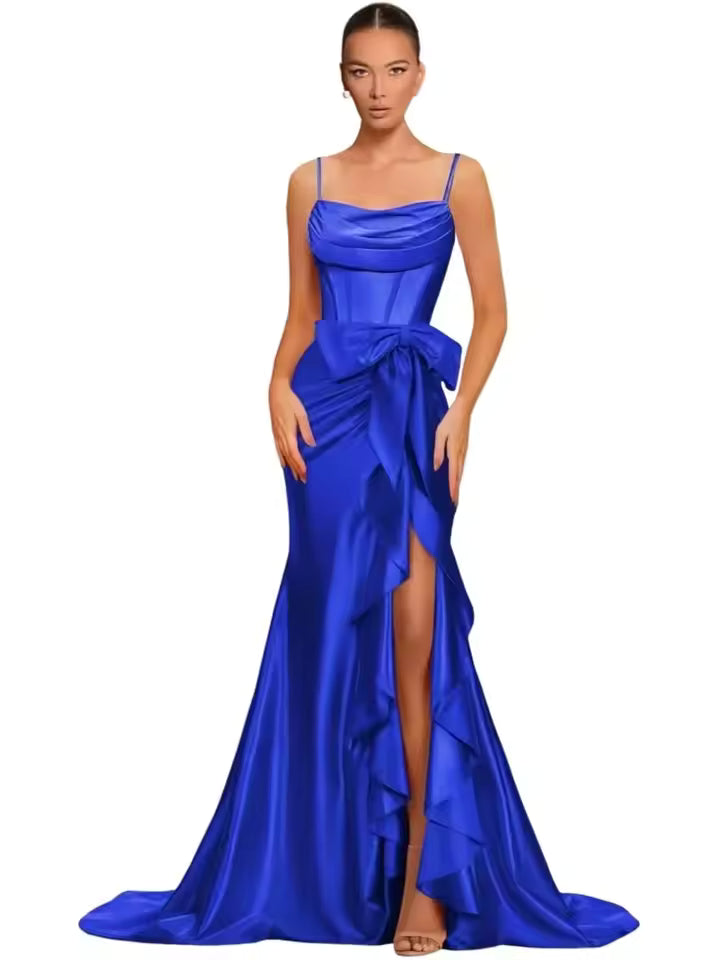 Elegant Spaghetti Straps Satin off Shoulder Backless Cocktail Prom Maxi Dresses