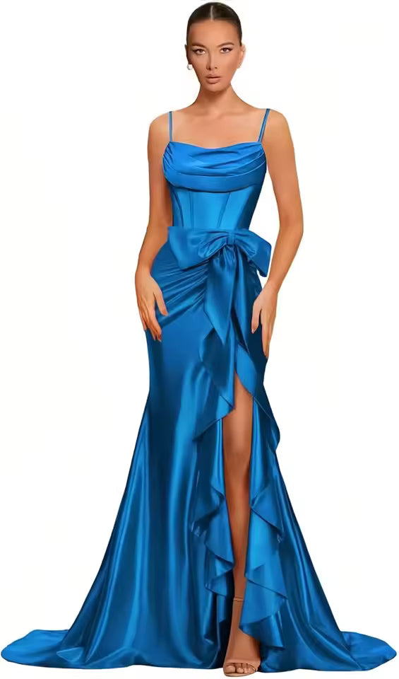 Elegant Spaghetti Straps Satin off Shoulder Backless Cocktail Prom Maxi Dresses