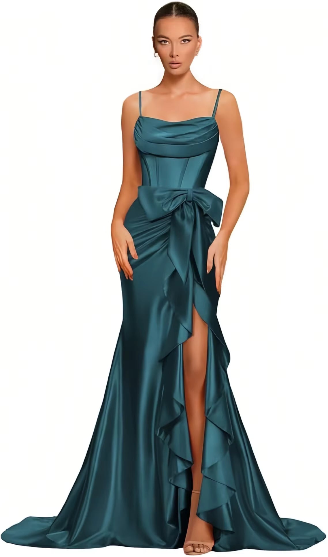 Elegant Spaghetti Straps Satin off Shoulder Backless Cocktail Prom Maxi Dresses
