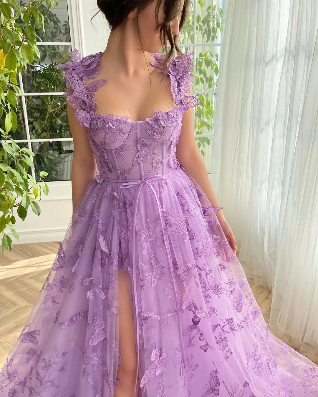 Elegant Spaghetti Straps Sleeveless High Slit Lace Up Back Printing Maxi Dress