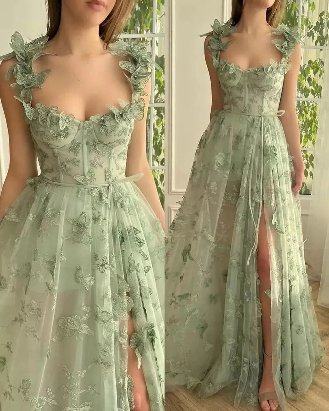 Elegant Spaghetti Straps Sleeveless High Slit Lace Up Back Printing Maxi Dress