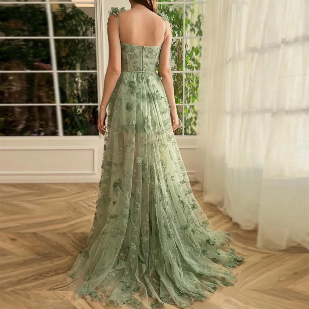 Elegant Spaghetti Straps Sleeveless High Slit Lace Up Back Printing Maxi Dress