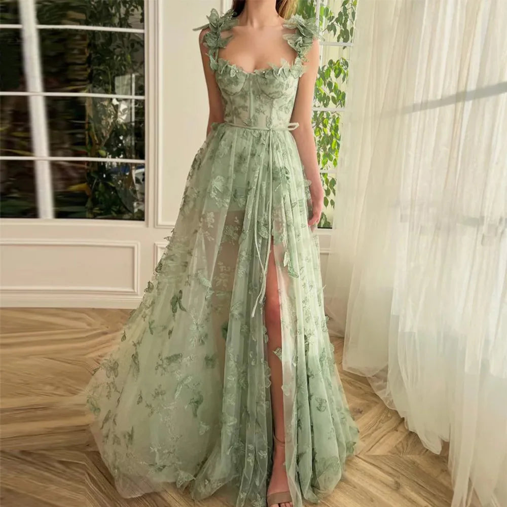 Elegant Spaghetti Straps Sleeveless High Slit Lace Up Back Printing Maxi Dress