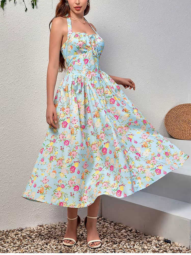Elegant Spaghetti Straps Tie Up Halter Backless Print Floral Midi Corset Dress