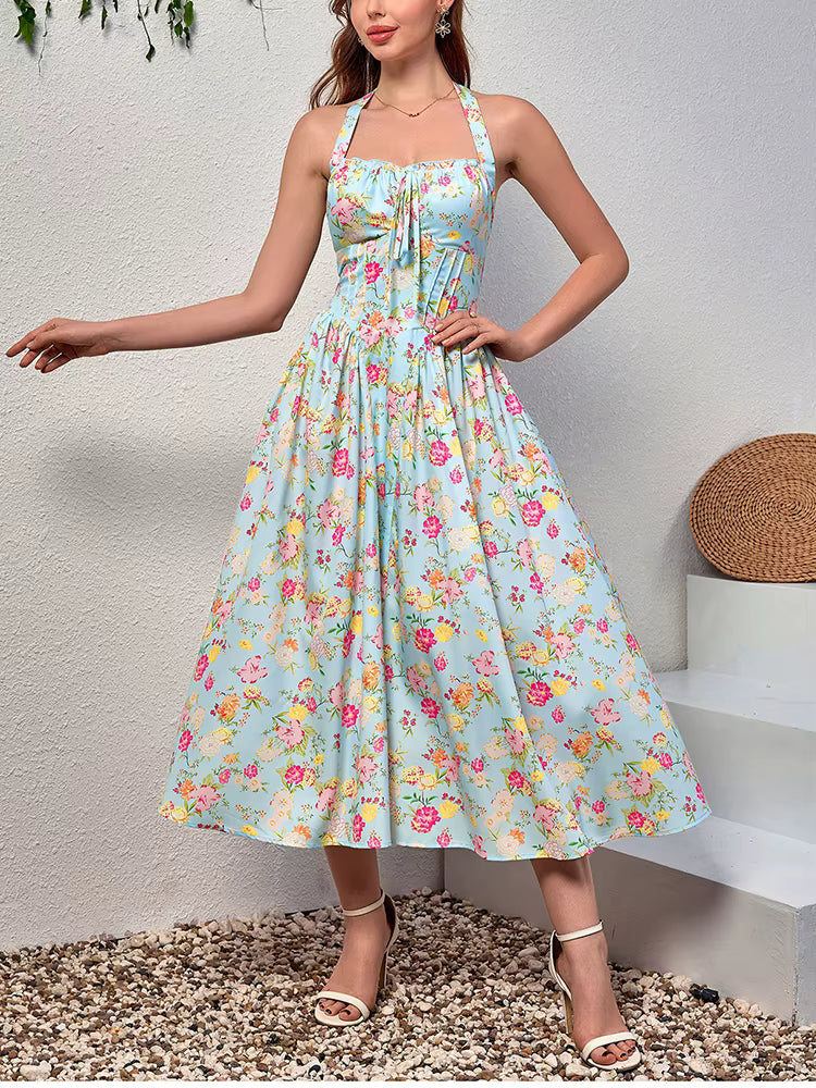 Elegant Spaghetti Straps Tie Up Halter Backless Print Floral Midi Corset Dress