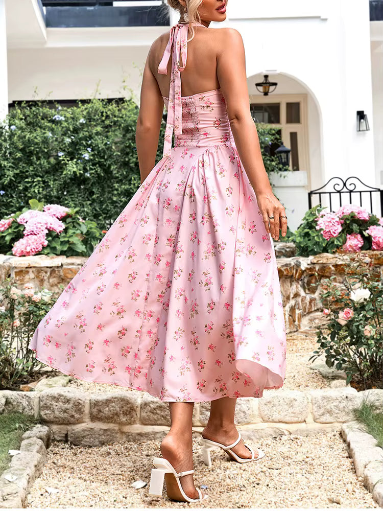 Elegant Spaghetti Straps Tie Up Halter Backless Print Floral Midi Corset Dress