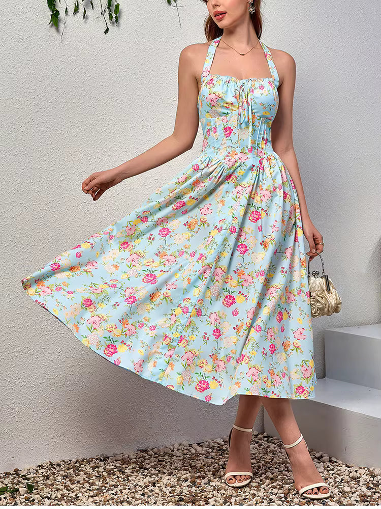 Elegant Spaghetti Straps Tie Up Halter Backless Print Floral Midi Corset Dress