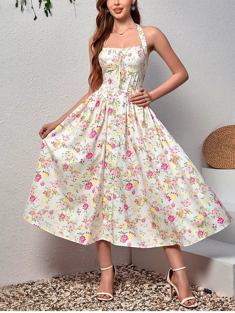 Elegant Spaghetti Straps Tie Up Halter Backless Print Floral Midi Corset Dress