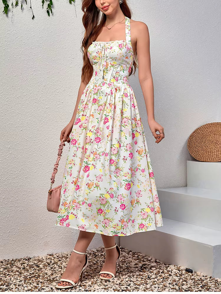 Elegant Spaghetti Straps Tie Up Halter Backless Print Floral Midi Corset Dress