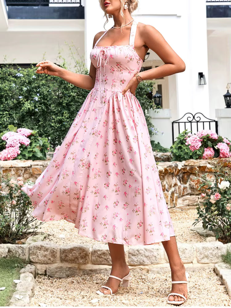 Elegant Spaghetti Straps Tie Up Halter Backless Print Floral Midi Corset Dress