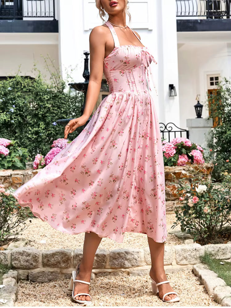 Elegant Spaghetti Straps Tie Up Halter Backless Print Floral Midi Corset Dress