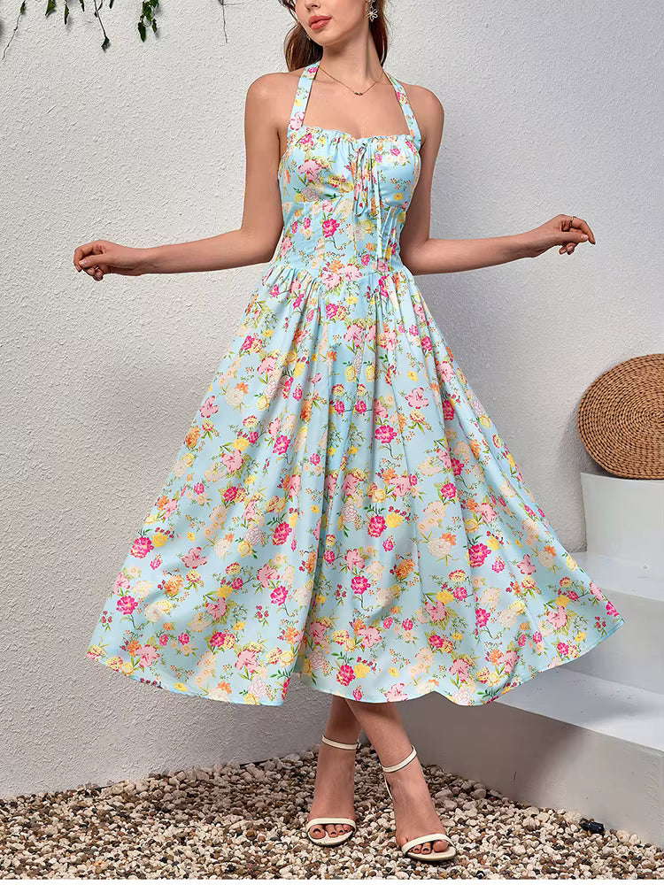 Elegant Spaghetti Straps Tie Up Halter Backless Print Floral Midi Corset Dress
