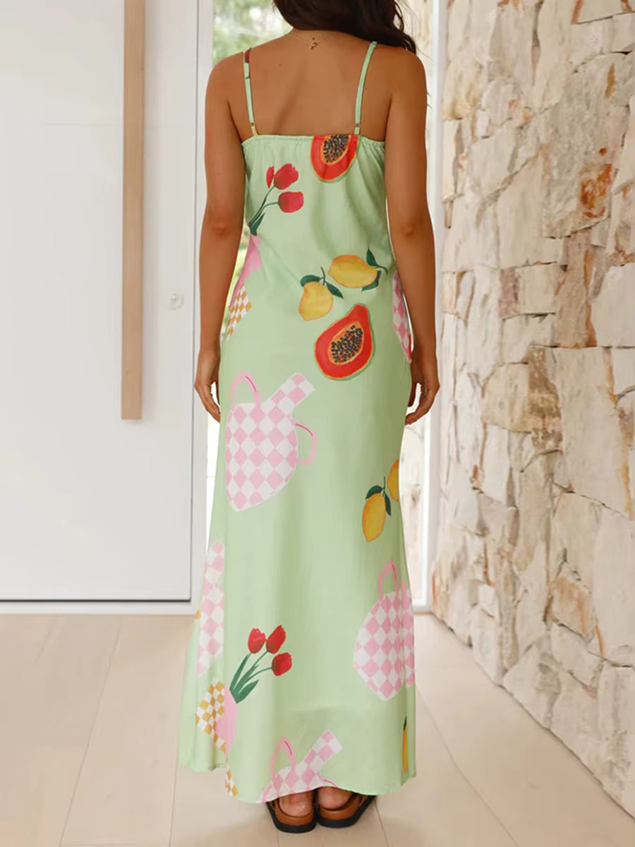 Elegant Spaghetti Straps V-neck Fruit Print Swing Slip Maxi Dress