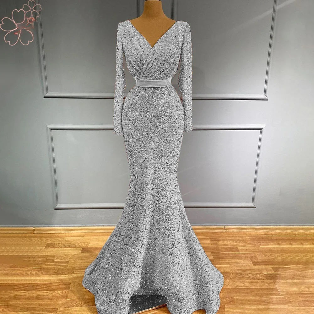 Elegant Sparkle Sequin V Neck Long Sleeves Formal Wedding Prom Party Gowns