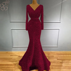 Elegant Sparkle Sequin V Neck Long Sleeves Formal Wedding Prom Party Gowns