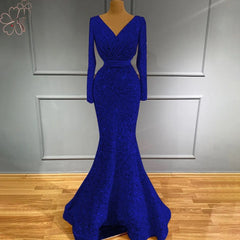 Elegant Sparkle Sequin V Neck Long Sleeves Formal Wedding Prom Party Gowns