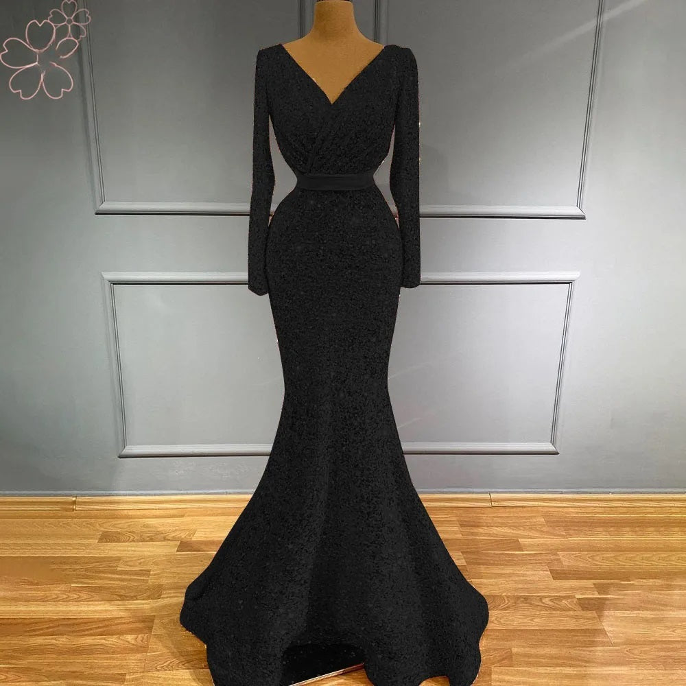 Elegant Sparkle Sequin V Neck Long Sleeves Formal Wedding Prom Party Gowns