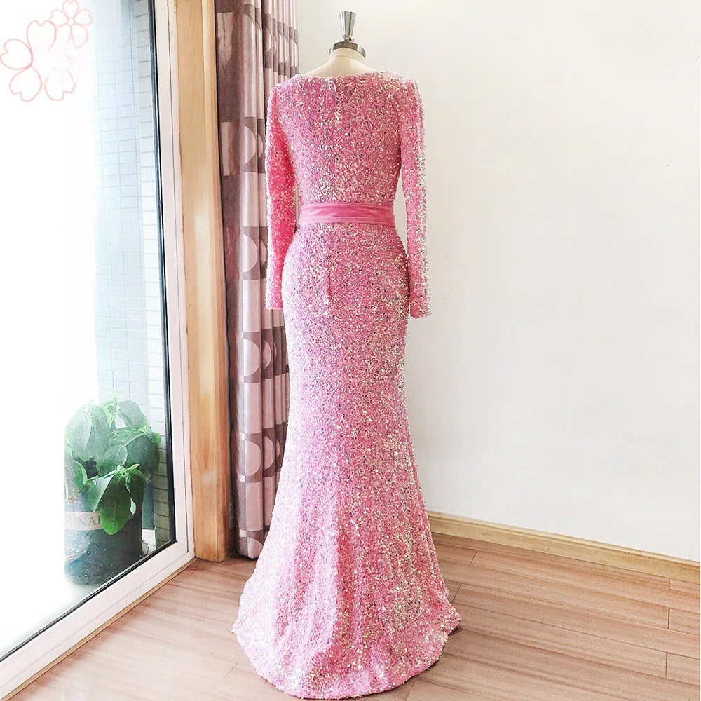 Elegant Sparkle Sequin V Neck Long Sleeves Formal Wedding Prom Party Gowns