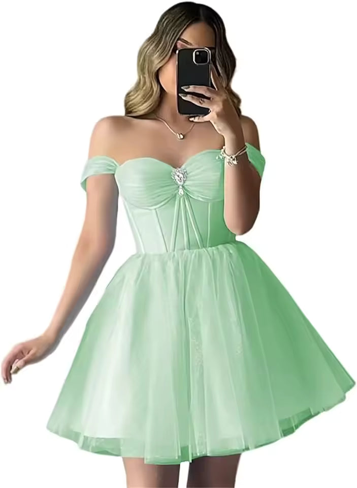 Elegant Sparkly Tulle Homecoming Off Shoulder Teens Puffy Sweetheart A Line Prom Mini Dresses