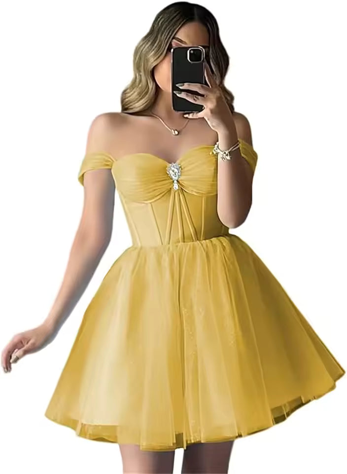 Elegant Sparkly Tulle Homecoming Off Shoulder Teens Puffy Sweetheart A Line Prom Mini Dresses