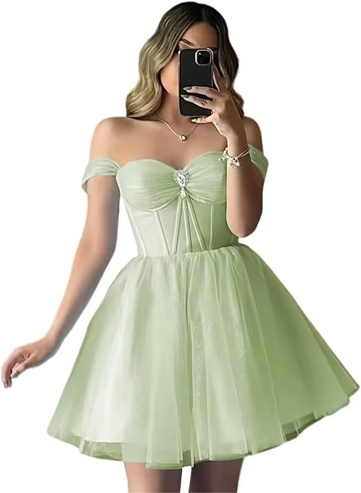 Elegant Sparkly Tulle Homecoming Off Shoulder Teens Puffy Sweetheart A Line Prom Mini Dresses