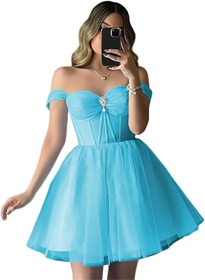 Elegant Sparkly Tulle Homecoming Off Shoulder Teens Puffy Sweetheart A Line Prom Mini Dresses