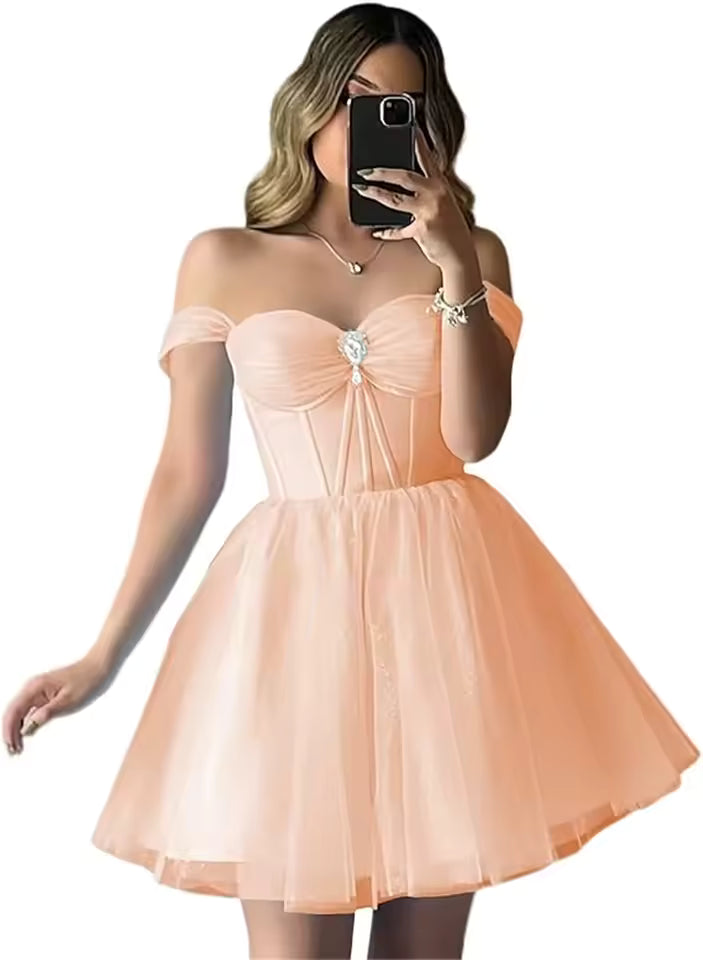 Elegant Sparkly Tulle Homecoming Off Shoulder Teens Puffy Sweetheart A Line Prom Mini Dresses