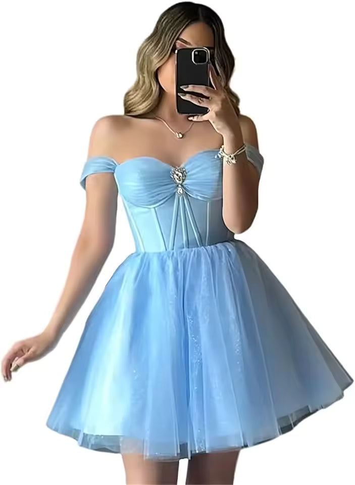 Elegant Sparkly Tulle Homecoming Off Shoulder Teens Puffy Sweetheart A Line Prom Mini Dresses