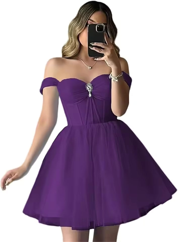 Elegant Sparkly Tulle Homecoming Off Shoulder Teens Puffy Sweetheart A Line Prom Mini Dresses