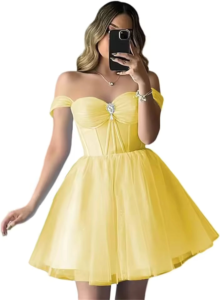 Elegant Sparkly Tulle Homecoming Off Shoulder Teens Puffy Sweetheart A Line Prom Mini Dresses