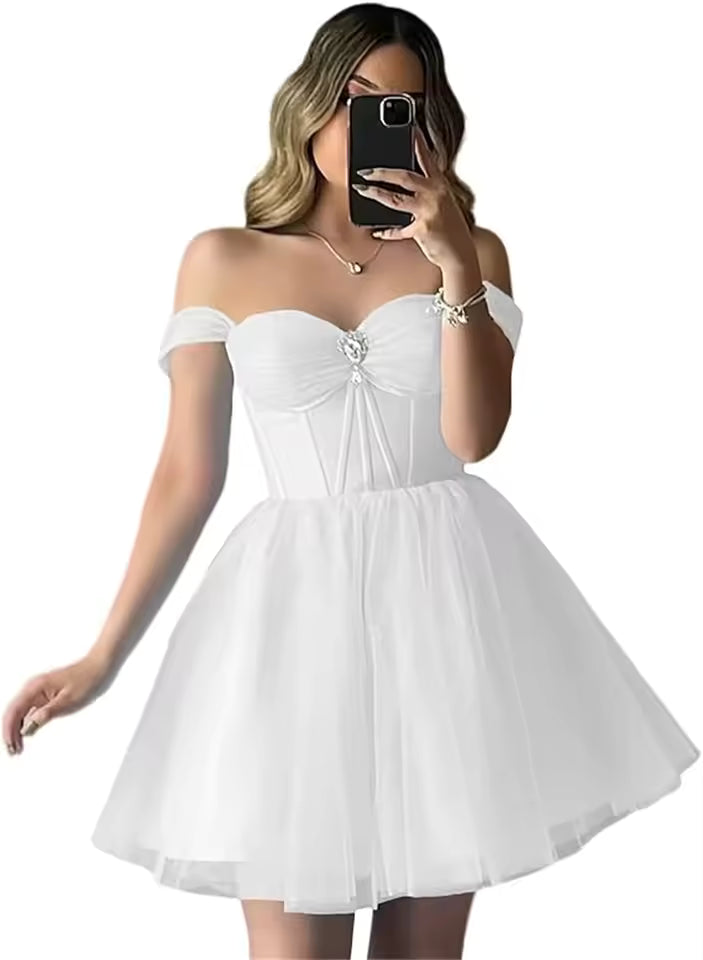 Elegant Sparkly Tulle Homecoming Off Shoulder Teens Puffy Sweetheart A Line Prom Mini Dresses