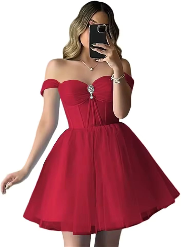 Elegant Sparkly Tulle Homecoming Off Shoulder Teens Puffy Sweetheart A Line Prom Mini Dresses