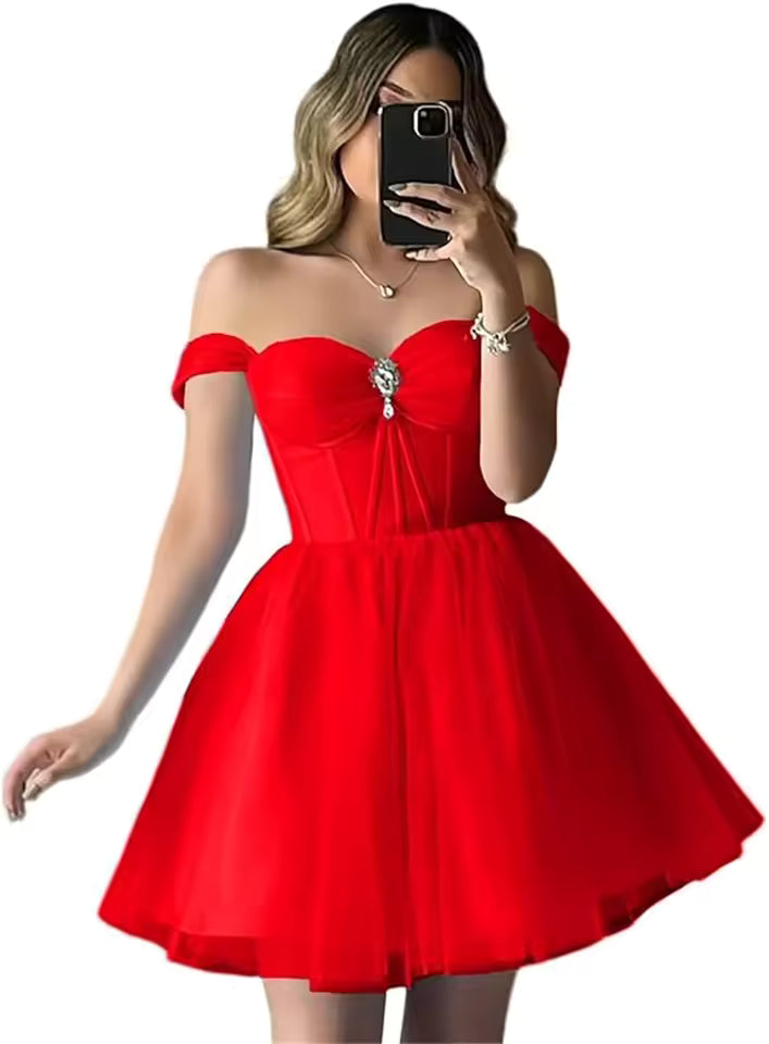 Elegant Sparkly Tulle Homecoming Off Shoulder Teens Puffy Sweetheart A Line Prom Mini Dresses