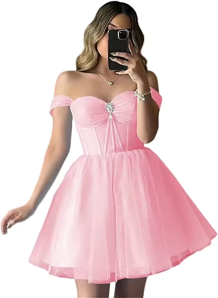 Elegant Sparkly Tulle Homecoming Off Shoulder Teens Puffy Sweetheart A Line Prom Mini Dresses